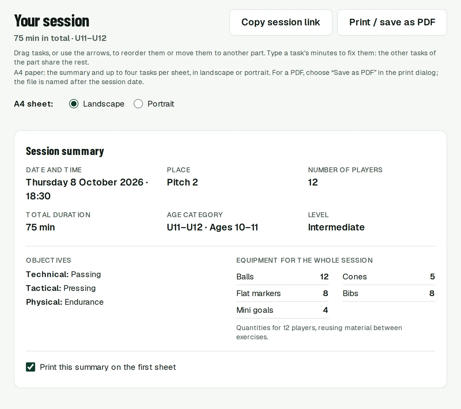 Session summary with date, place, number of players, duration, category, level, objectives and the equipment for the whole session.