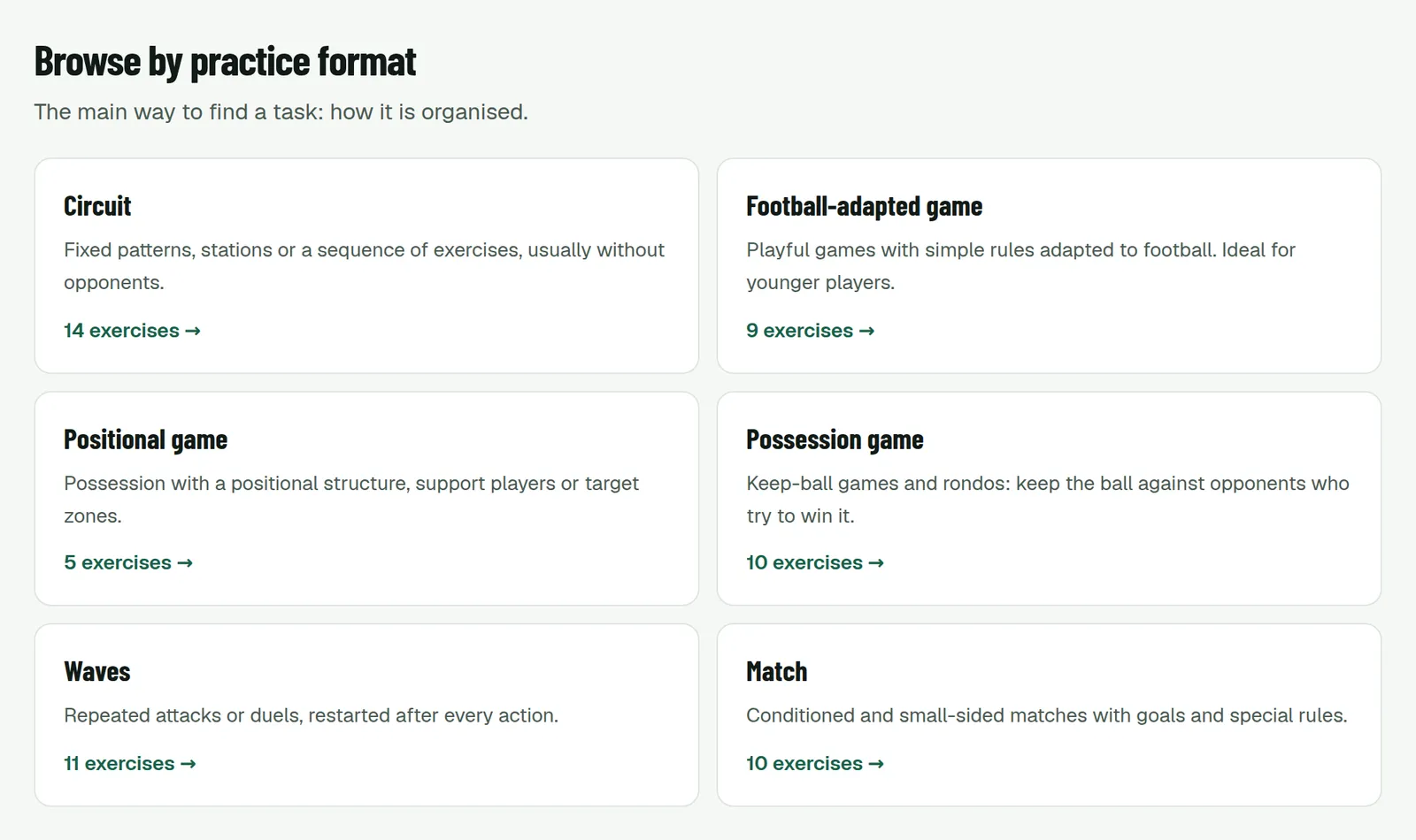 The six didactic strategies on the Tasks page, each with a short description and its number of exercises.