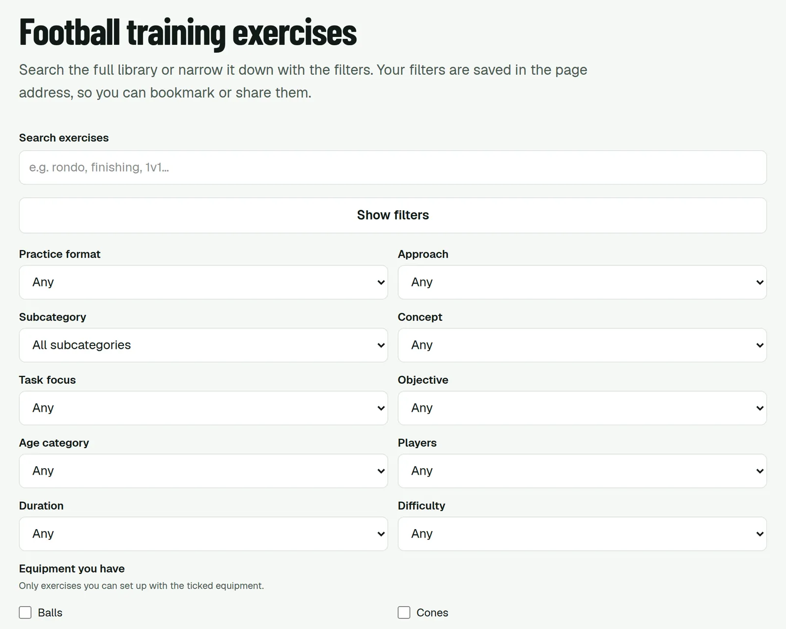 Exercise search with the filters open: practice format, approach, subcategory, concept, task focus, objective, age category, players, duration, difficulty and equipment.
