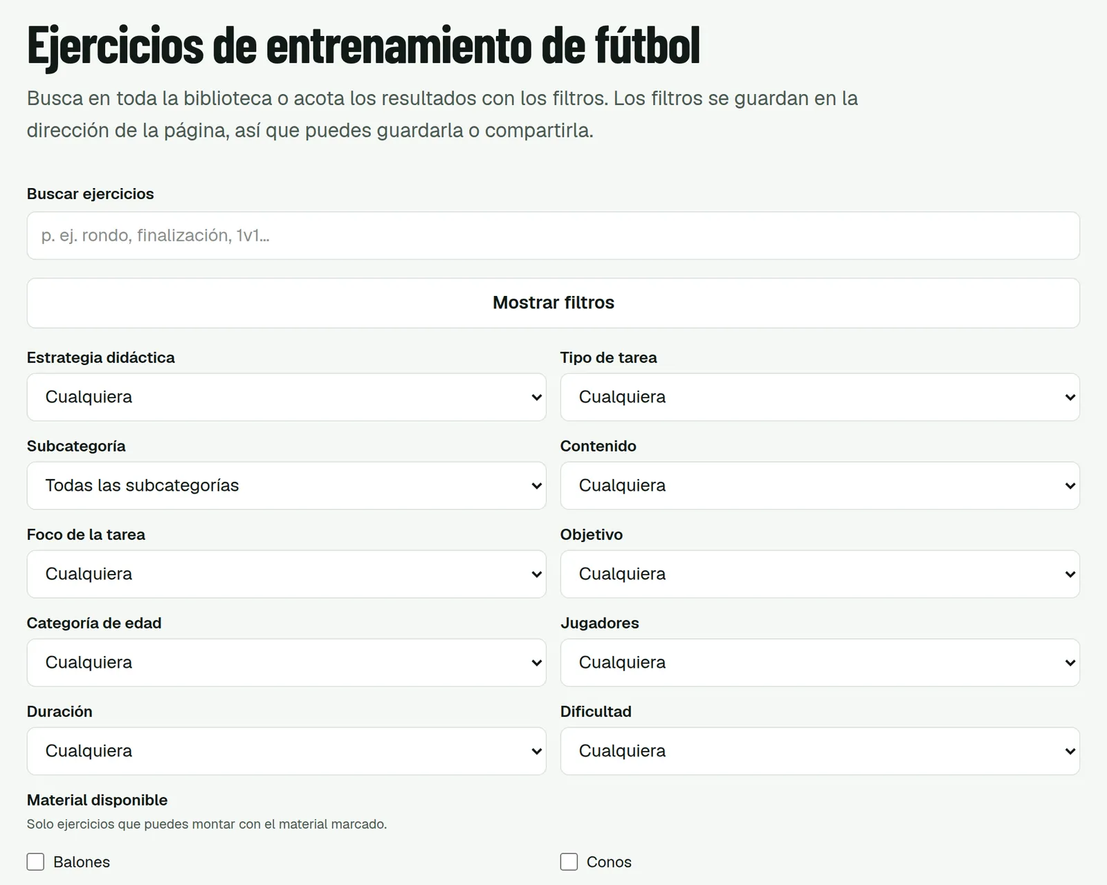Buscador de ejercicios con los filtros abiertos: estrategia didáctica, tipo de tarea, subcategoría, contenido, foco, objetivo, categoría de edad, jugadores, duración, dificultad y material.